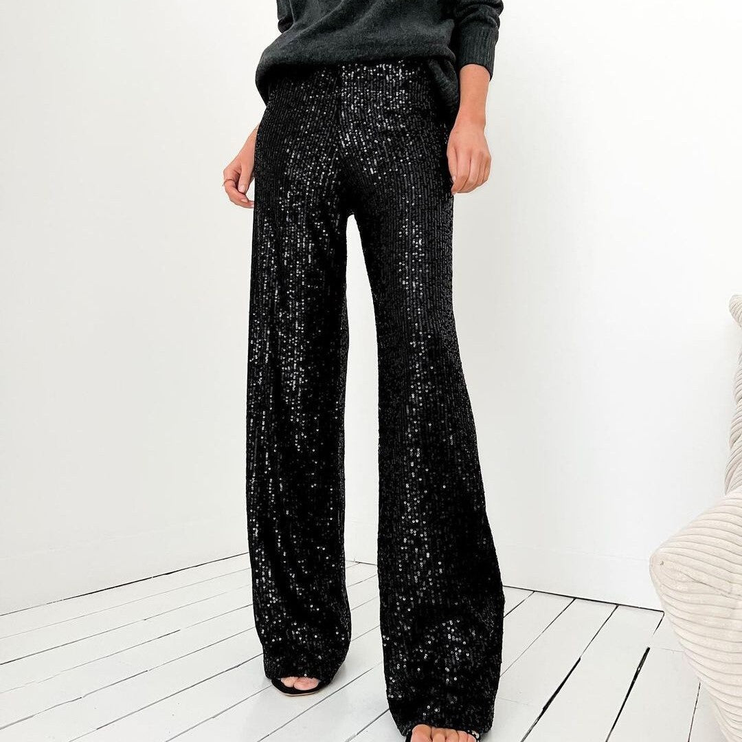 Pantalon Femme Coupe Droite Décontractée Design Complet De Sequins Pour Tenue De Soirée Longueur Totale