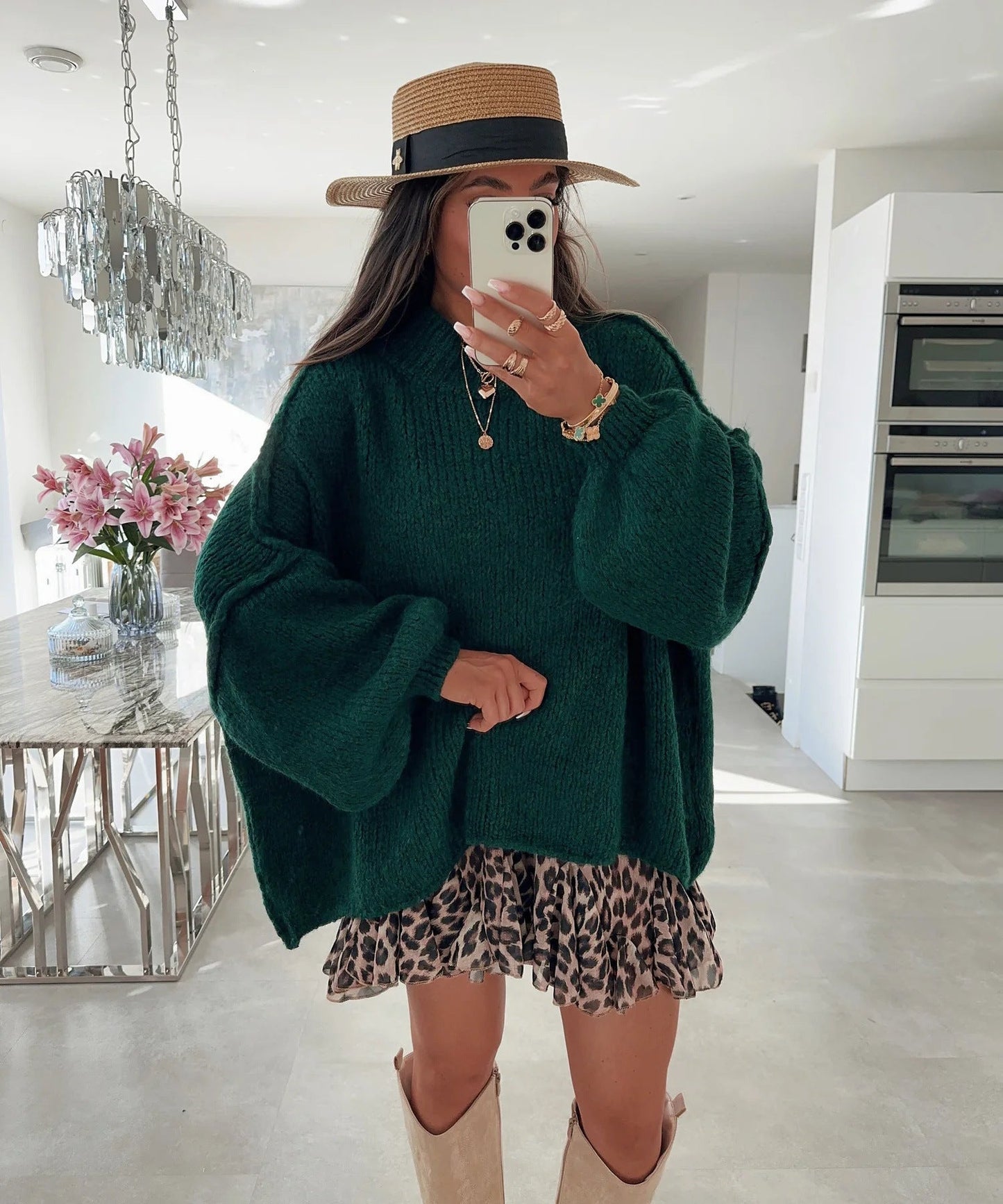 Damen lässiger Oversize Pullover mit hohen Ärmeln und unkonventionellem Schnitt Amawinc