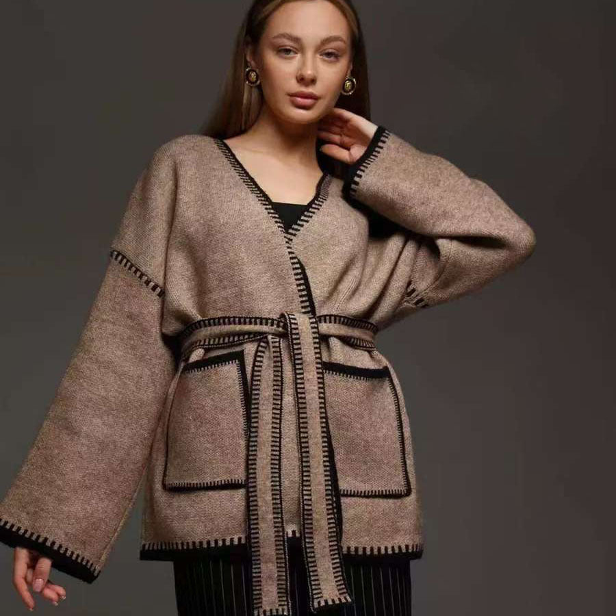 Damen Komfortabler Strick-Cardigan mit praktischen Taschen und Taillengürtel Amawinc