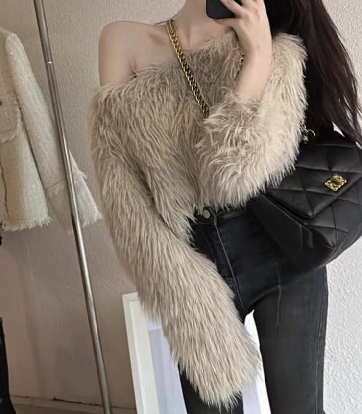 Damen Flauschiger Off-Shoulder-Pullover mit langen Ärmeln Amawinc