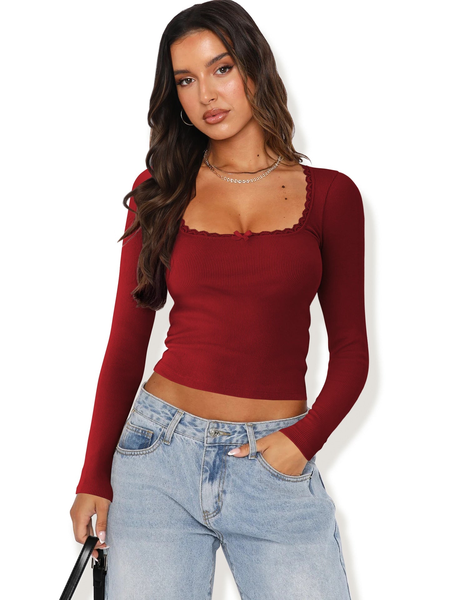 Damen Langarmshirt mit eleganter Rüsche und körpernaher Passform Amawinc