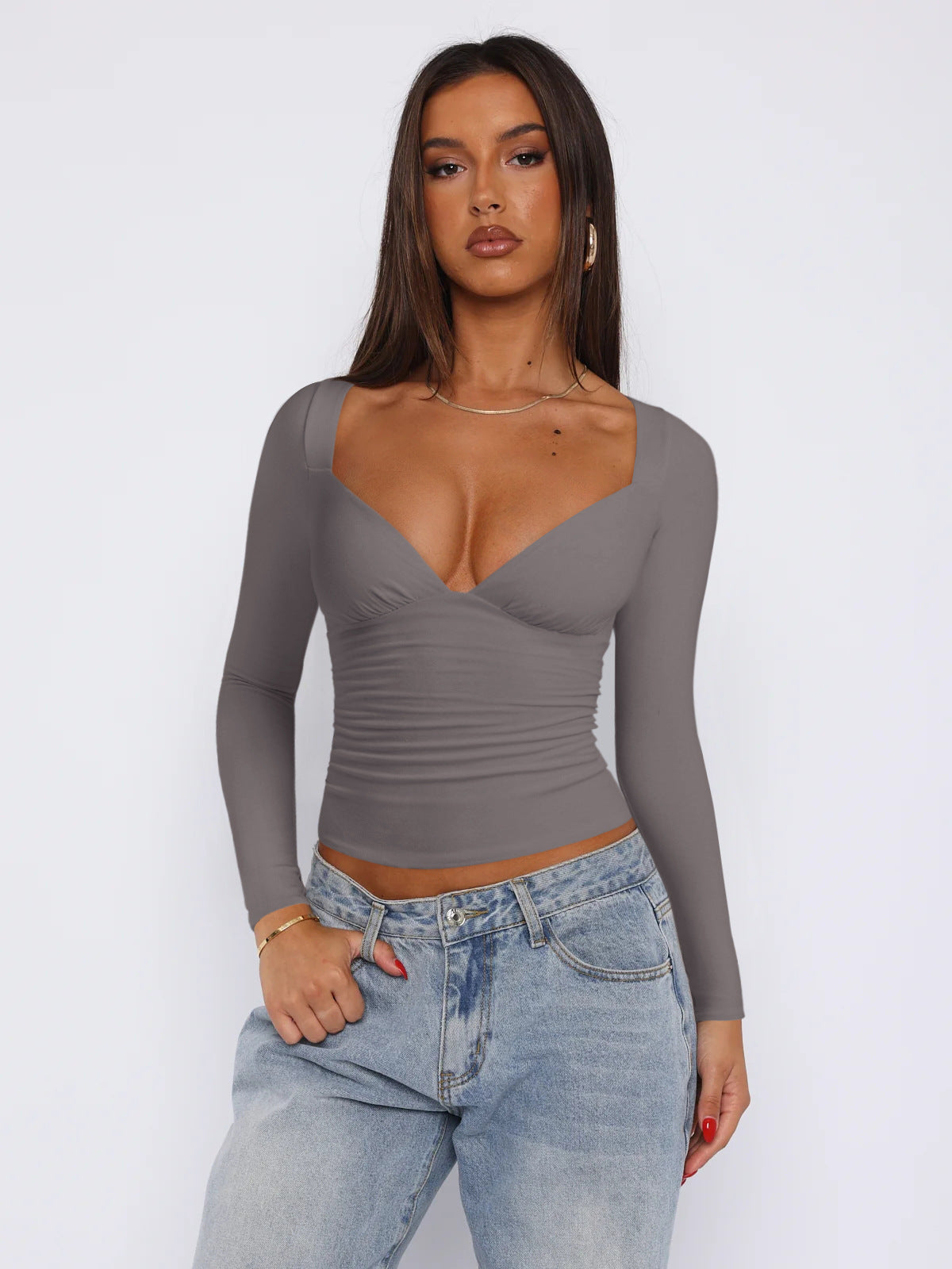 Damen figurbetontes Langarmoberteil mit V-Ausschnitt und Raffungen Amawinc