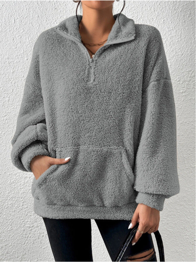 Damen Kuscheliger Fleece-Pullover mit Stehkragen und Eingrifftaschen Amawinc