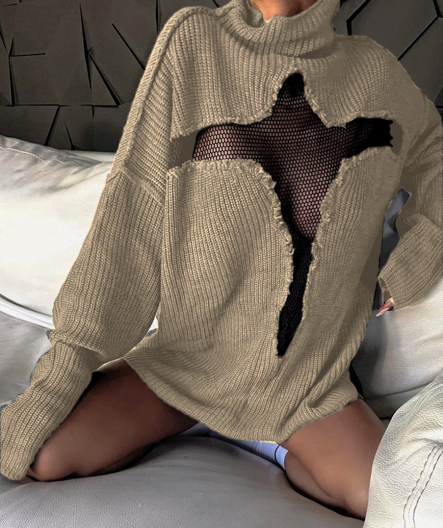 Damen Oversized Strickpullover mit aufregendem Mesh-Einsatz und unkonventionellem Design Amawinc