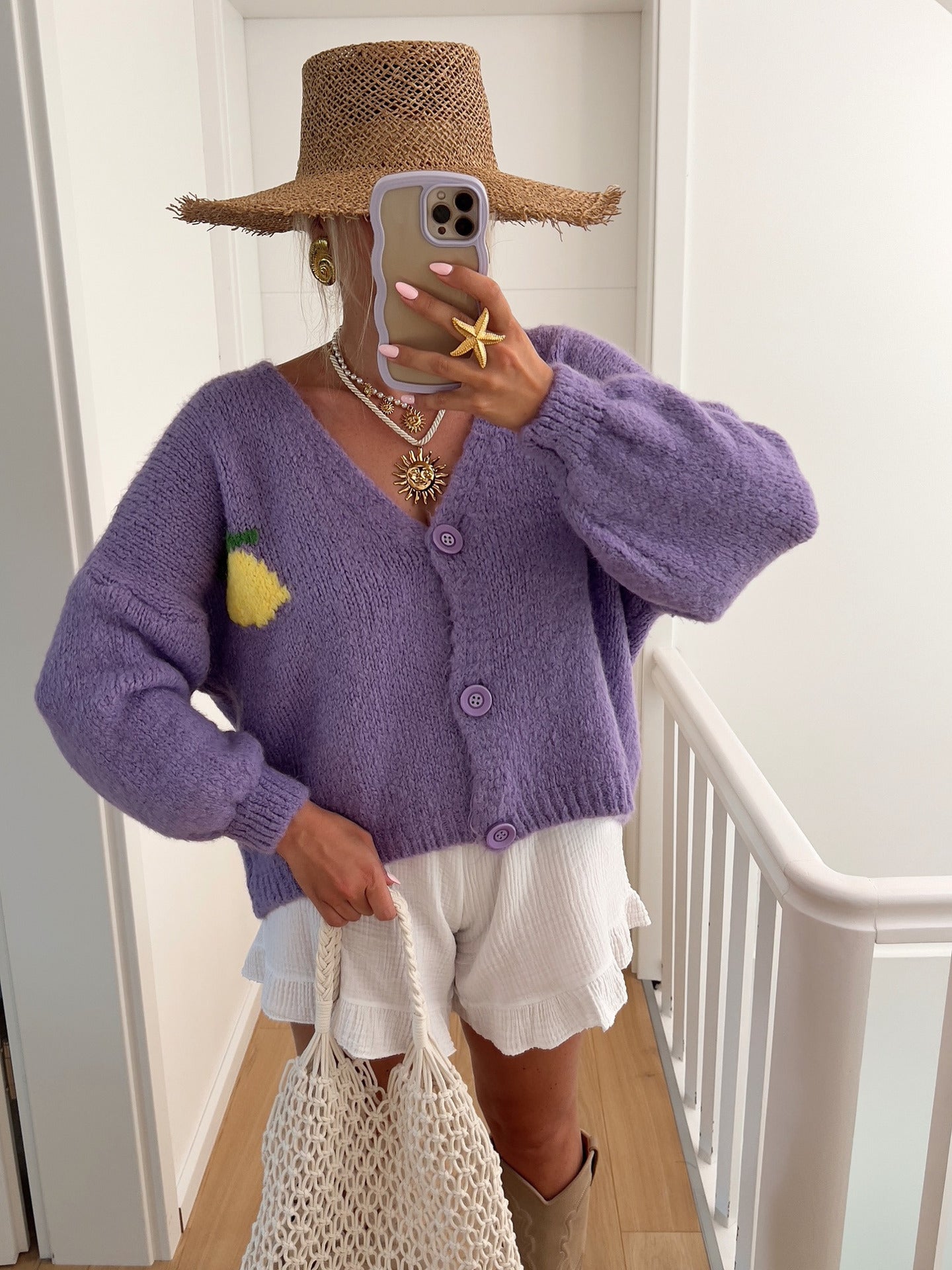 Damen Grober Strickcardigan mit einzigartigem Zitronenmotiv und knopfbarem Verschluss Amawinc