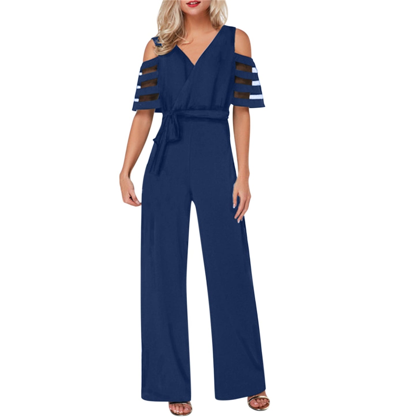 Damen Eleganter Jumpsuit mit transparenten Ärmel-Details und Taillengürtel Amawinc