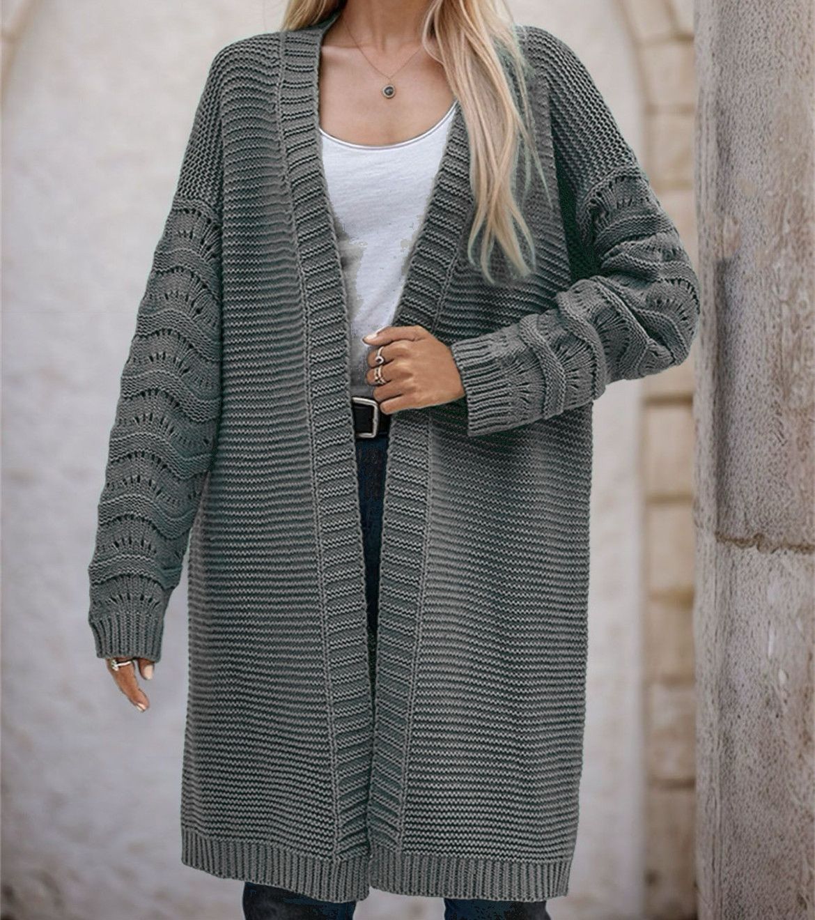 Damen Langer Strickcardigan mit luftiger Maschenstruktur und offener Front Amawinc