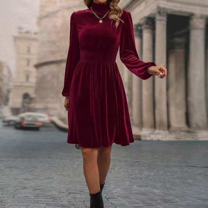 Damen Samtkleid mit hochgeschlossenem Design und eleganten langen Ärmeln Amawinc