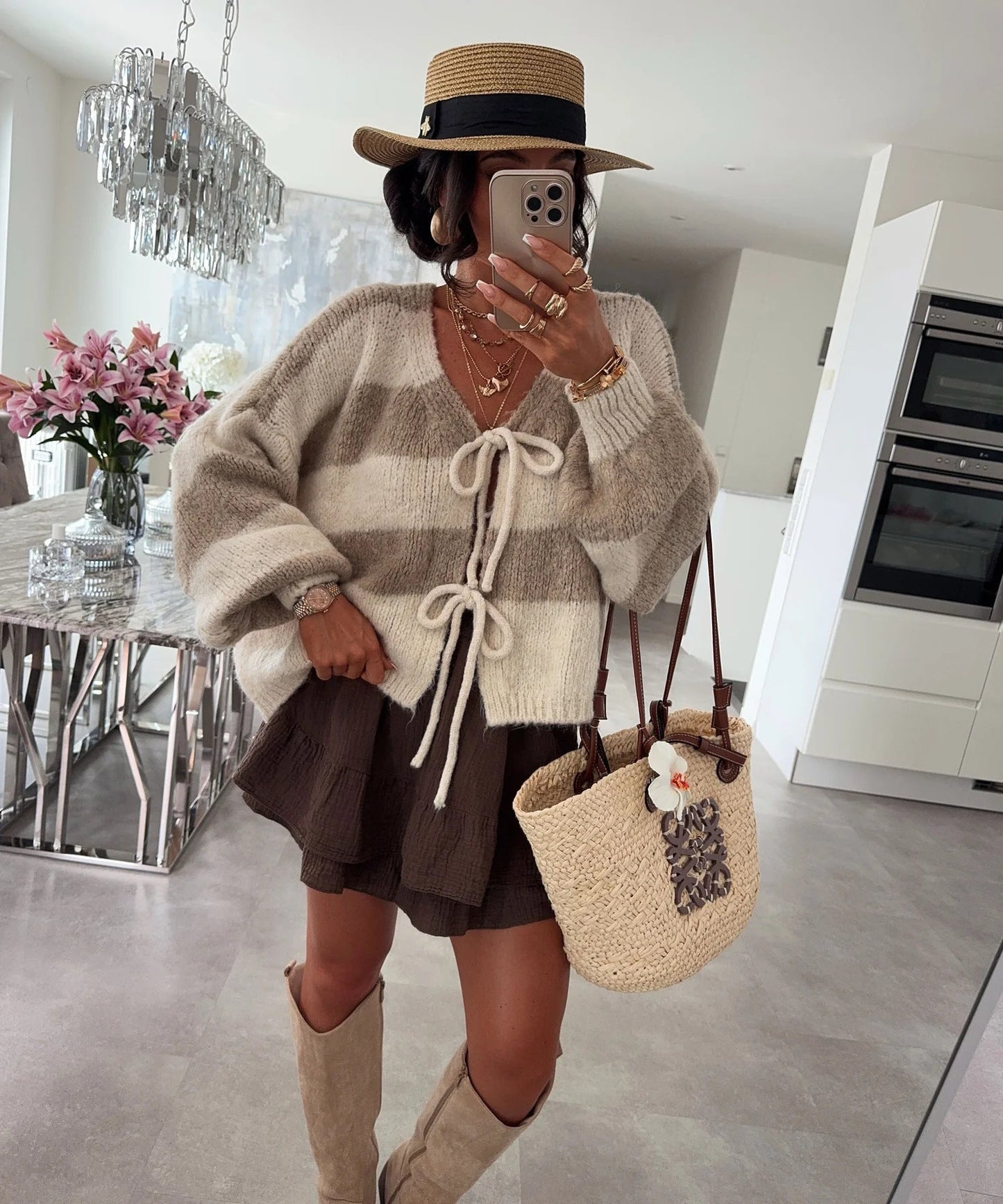 Damen lockere Strickjacke mit breiten Streifen und Bindegürtel Amawinc