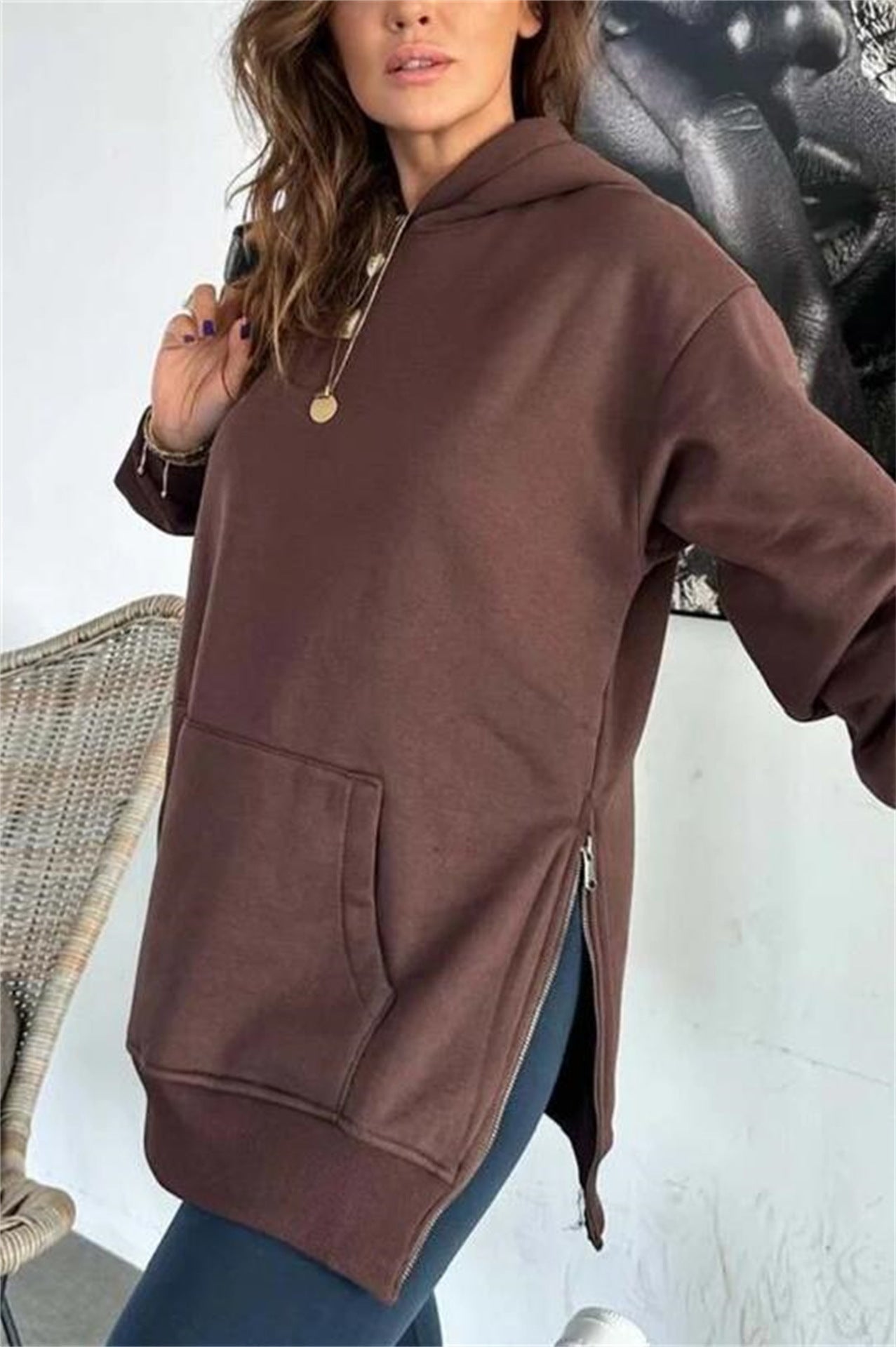 Damen Oversized Kapuzenpullover mit seitlichen Reißverschlüssen und universeller Passform Amawinc