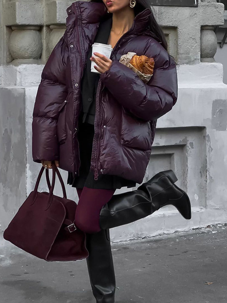 Damen Oversized Daunenjacke mit sichtbarem Steppdesign und hohem Kragen Amawinc