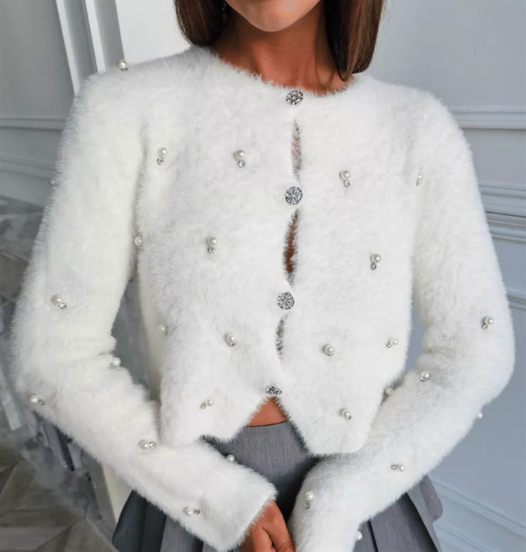 Damen Flauschige Strickjacke mit Schmuckknöpfen und elegantem Schnitt Amawinc