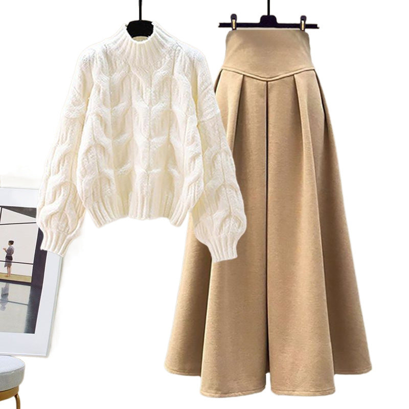 Ensemble Deux Pièces Femme Pull En Laine Tricotée Câblé Jupe Midi Plissée Taille Haute