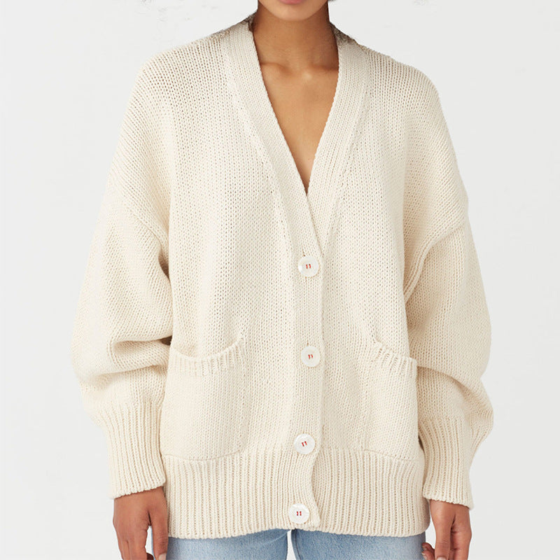 Damen Oversized Strickjacke mit Taschen und V-Ausschnitt Amawinc