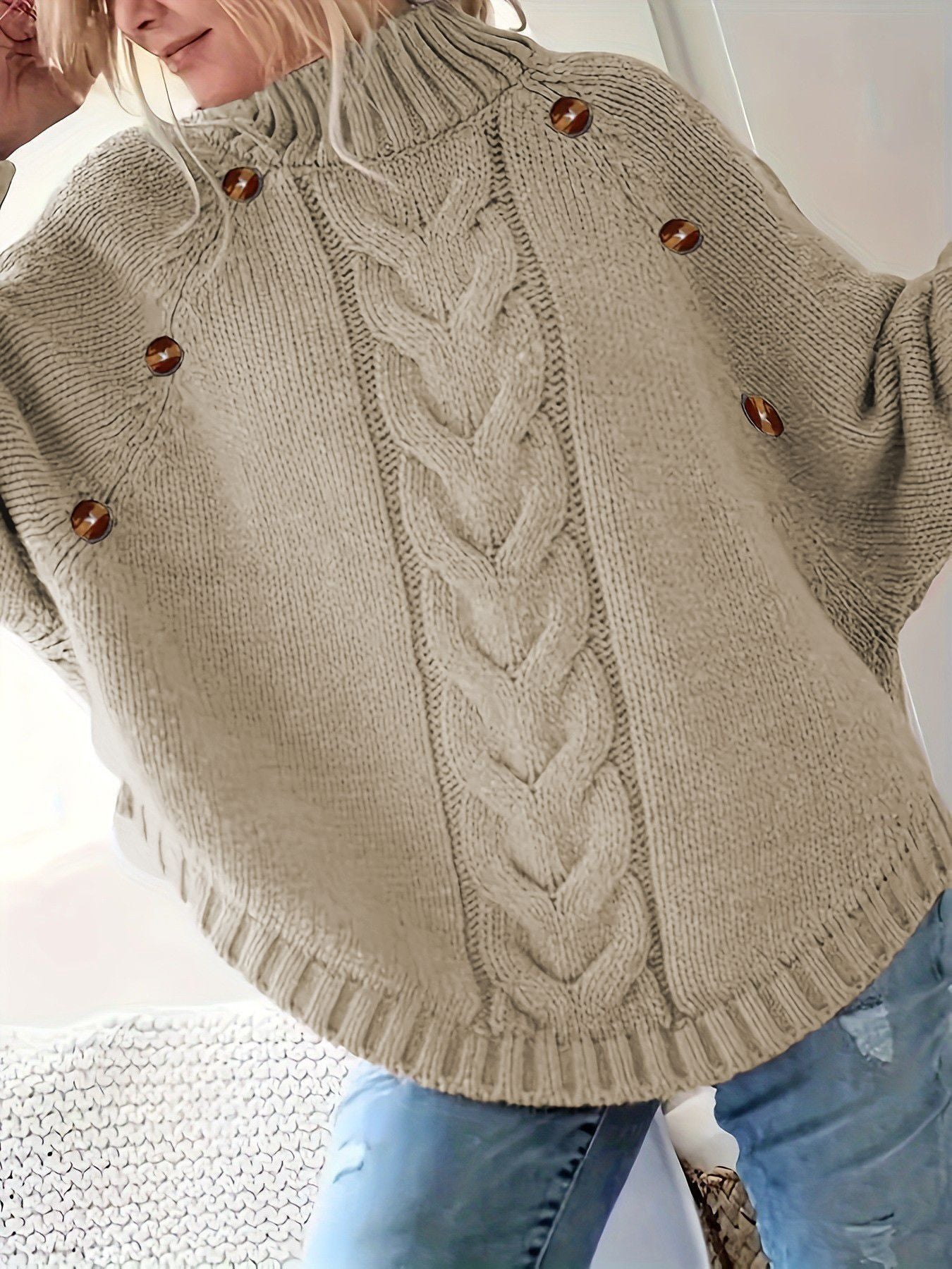 Damen Oversized Strickpullover mit Hochkragen und dekorativen Knopfdetails Amawinc