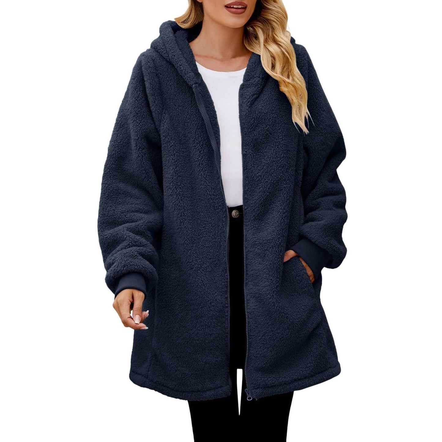 Damen kuschelige Fleecejacke mit Kapuze und seitlichen Eingrifftaschen Amawinc