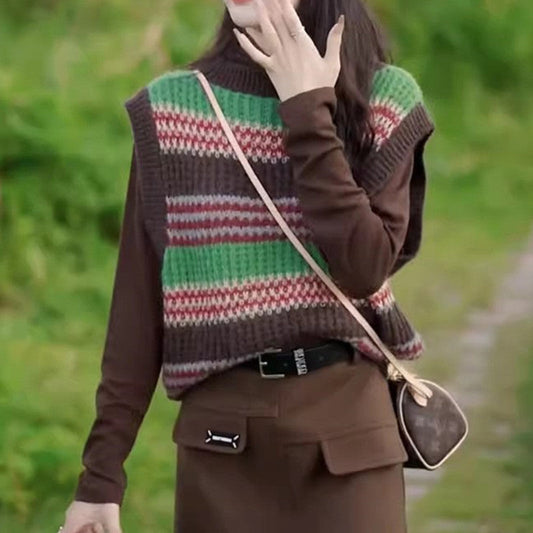 Damen lässiger Strickoversize-Pullover mit buntem Streifenmuster und ärmellosem Design Amawinc - Amawinc