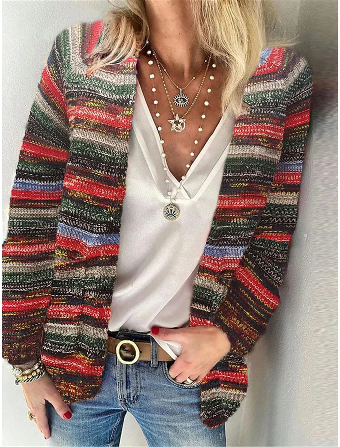 Damen Offen gestrickte Cardigan mit bunten Streifen und lässigem Schnitt Amawinc