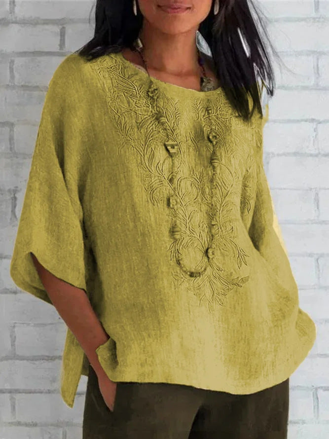 Damen bestickte Leinenbluse Amawinc