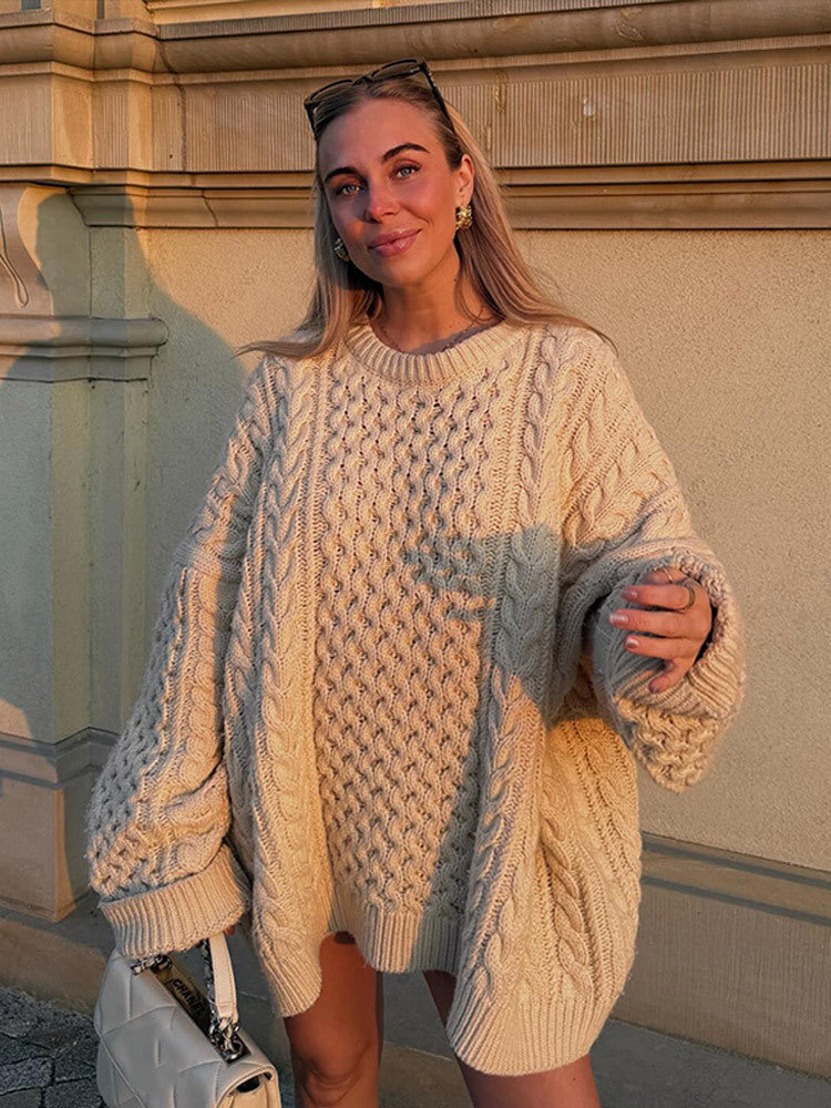 Damen Oversized Strickpullover mit Zopfmuster Amawinc