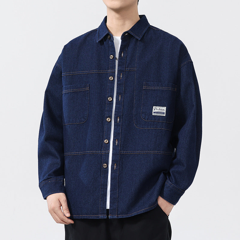 Chemise Denim Larson Oversize Pour Homme Poches Plaquées Poitrine Couture Décontractée Confort Quotidien