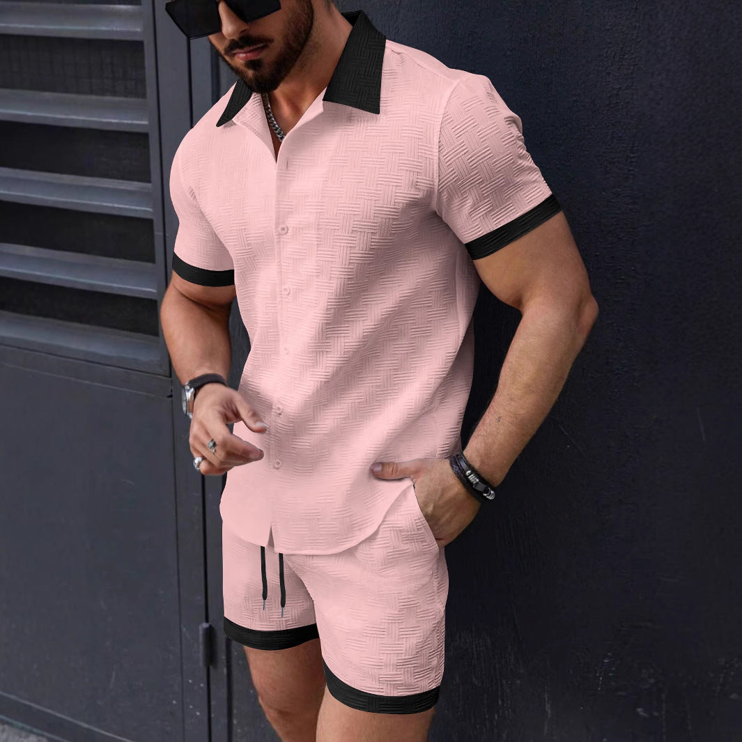 Ensemble Chemise et Short Pour Homme Jacquard Texture Col à Revers Taille à Cordon Coupe Décontractée