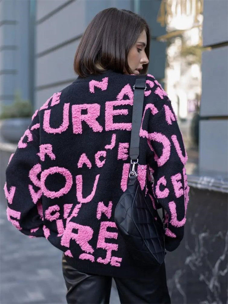 Damen Oversized Strickpullover mit auffälligem Schriftzug und lässiger Passform Amawinc