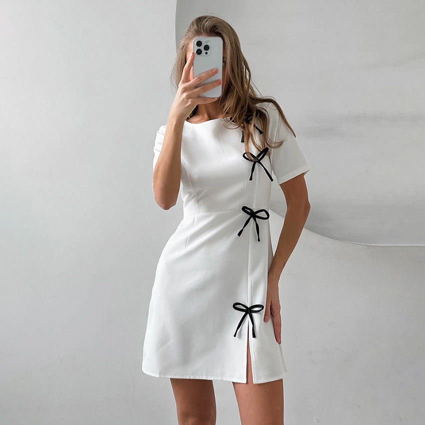 Robe Femme Amawinc A Ligne Courte Manches Courtes Noeud Col Rond Longueur Mini Printemps Été