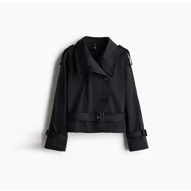 Damen trendige Kurzjacke im modernen Trenchcoat-Stil mit breitem Kragen und Taillengürtel Amawinc