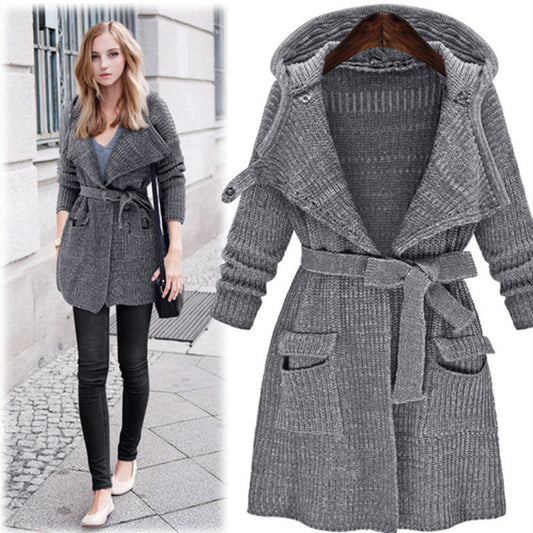 Damen Strickmantel mit Kapuze und praktischen Taschen Amawinc - Amawinc