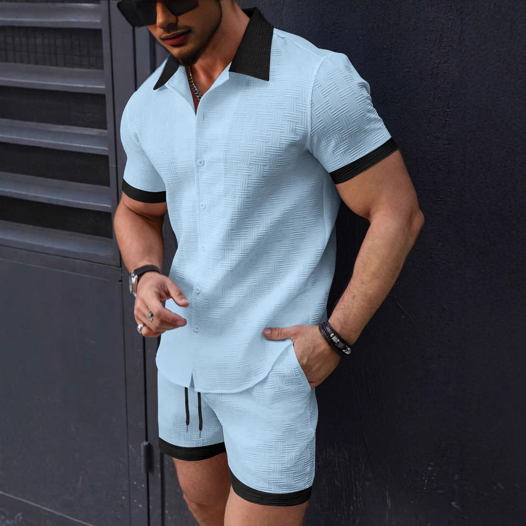 Ensemble Chemise et Short Pour Homme Jacquard Texture Col à Revers Taille à Cordon Coupe Décontractée