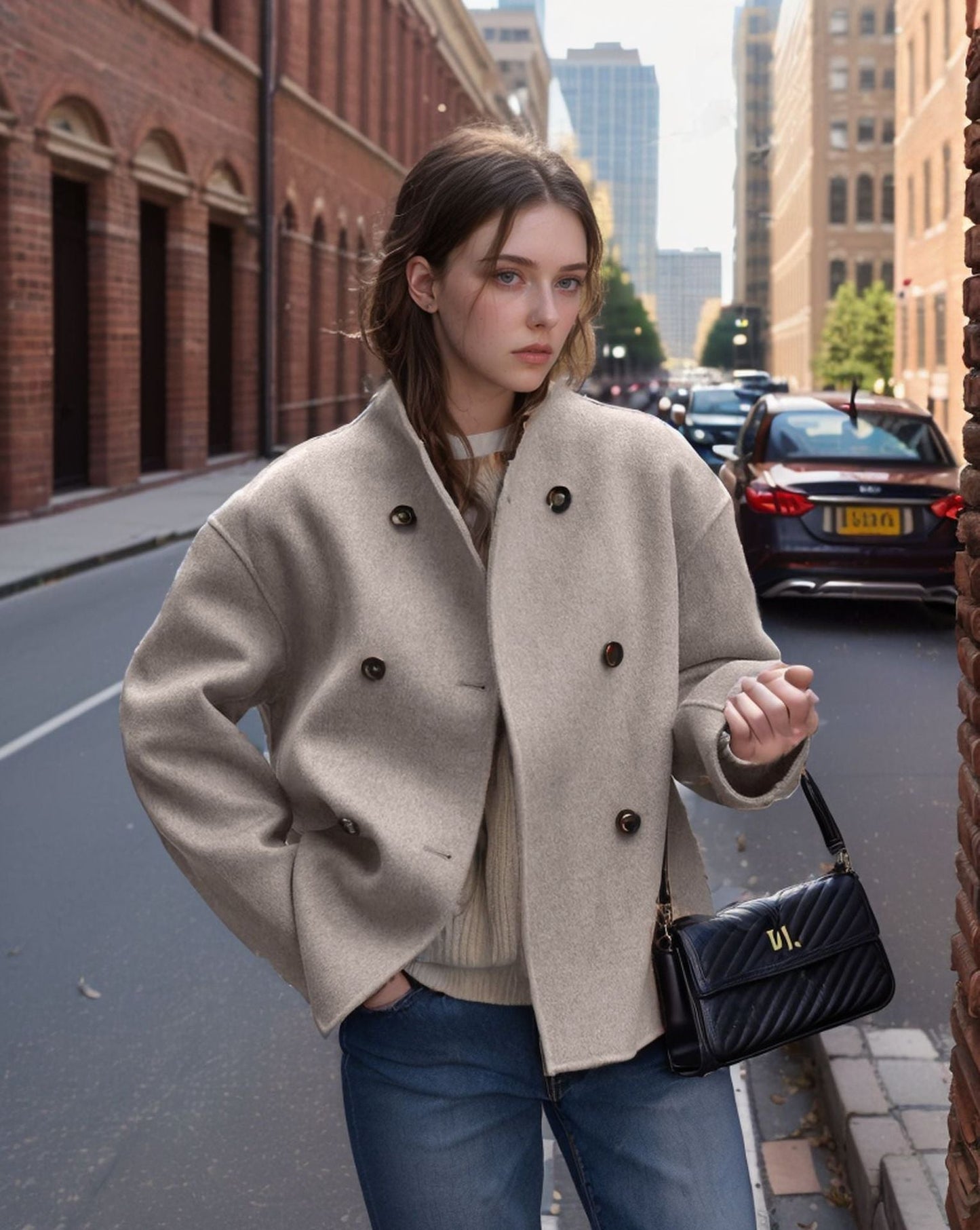 Damen modische Kurzjacke mit doppelter Knopfreihe und lässigen Ärmeln Amawinc