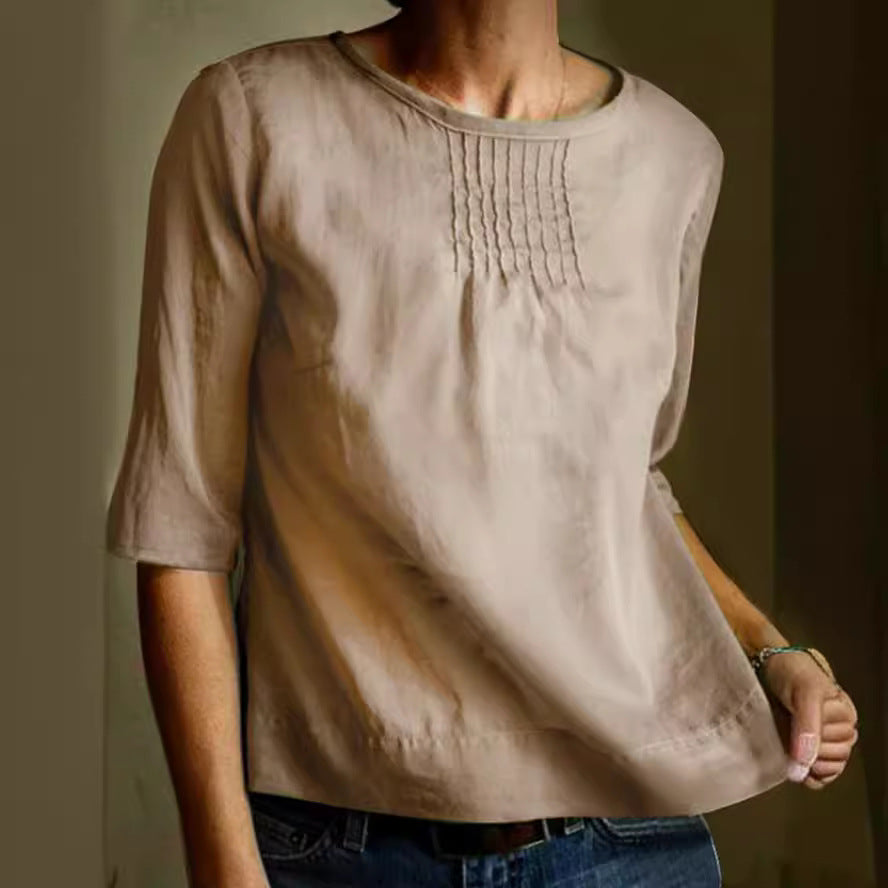 Blouse Femme En Mélange Coton Lin Coupe Ample Manches Trois Quarts Plis Devant Élégante