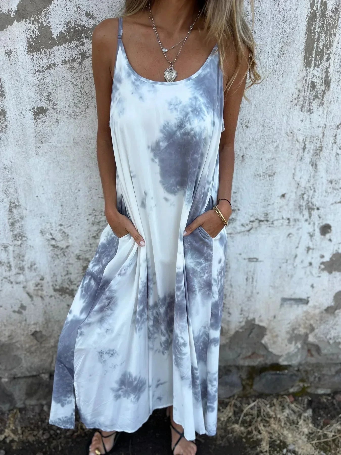Robe Maxi Femme Décontractée Bretelles Ajustables Coton Respirant Poches Amawinc Été