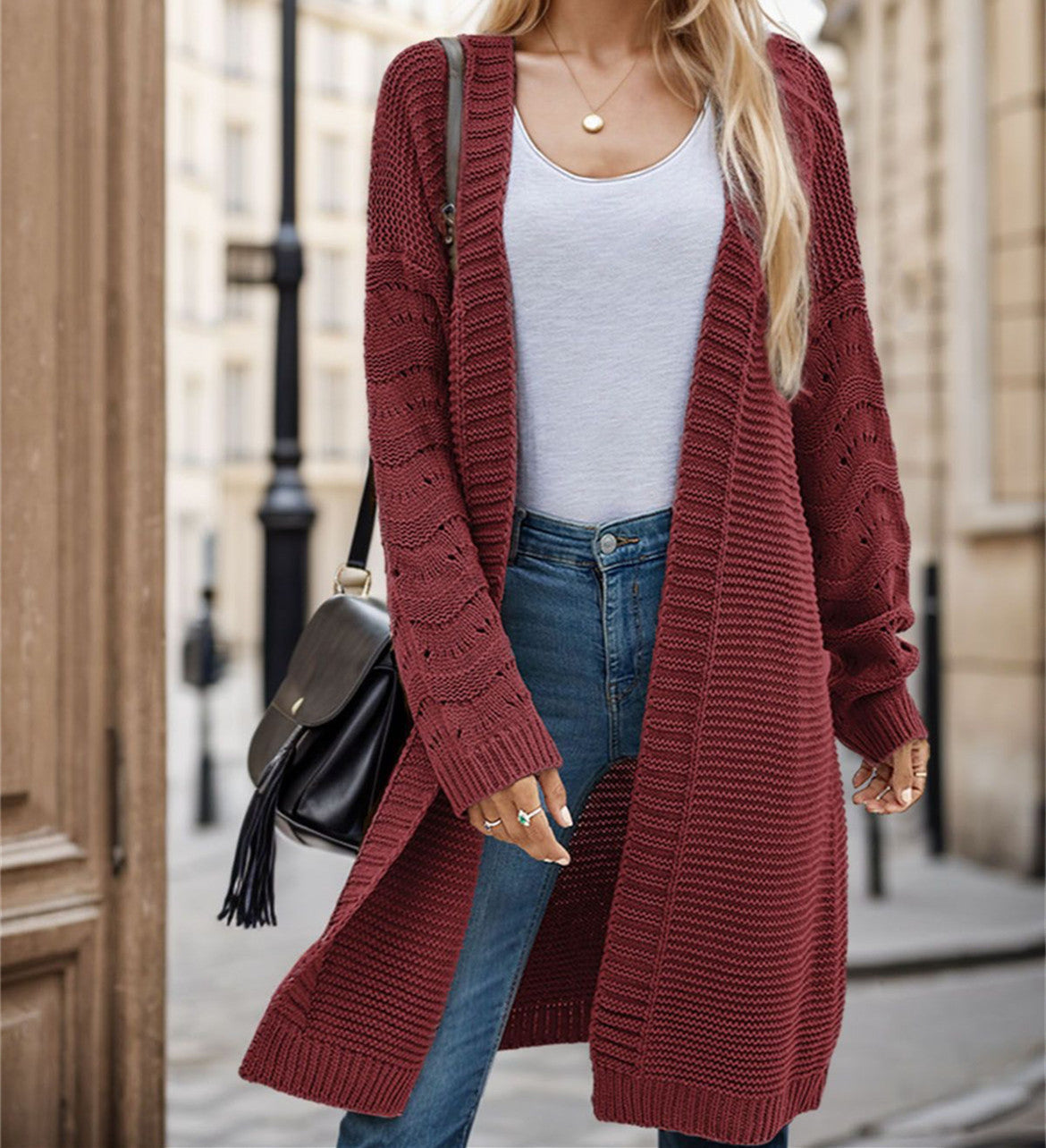 Damen Langer Strickcardigan mit luftiger Maschenstruktur und offener Front Amawinc