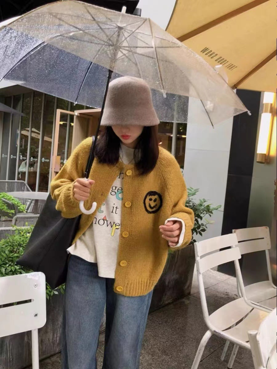 Damen gemütlicher Strickcardigan mit verspieltem Smiley-Motiv Amawinc