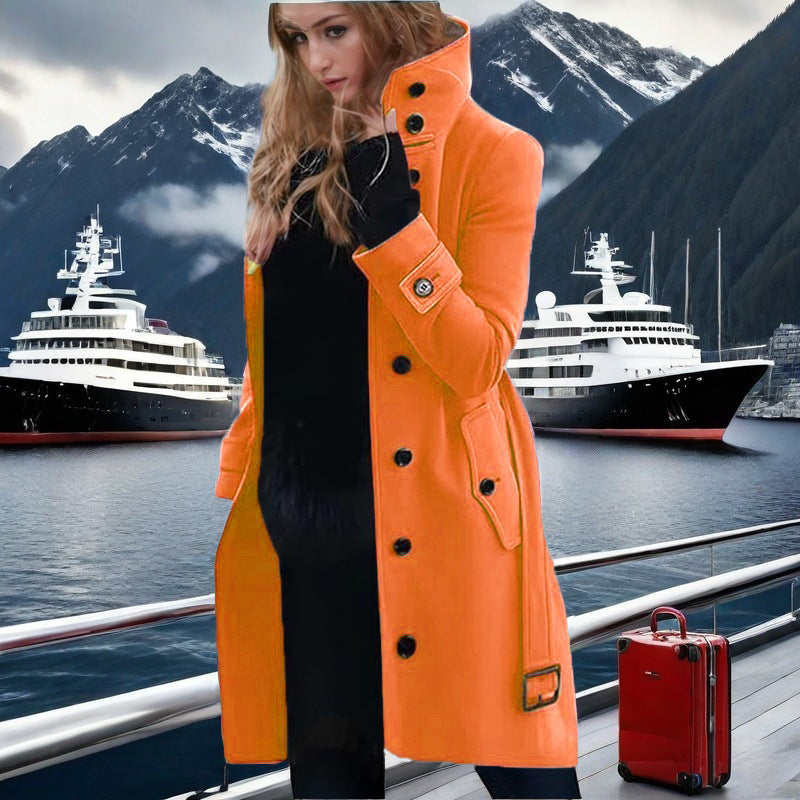 Damen eleganter Trenchcoat mit hohem Kragen und doppelter Knopfleiste Amawinc