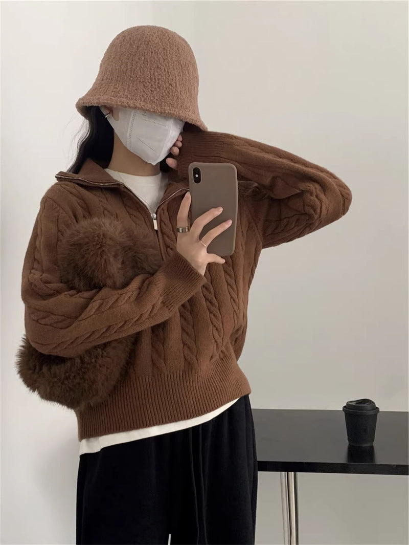 Damen kuscheliger Strickpullover mit hochschließendem Kragen und Zipper Amawinc