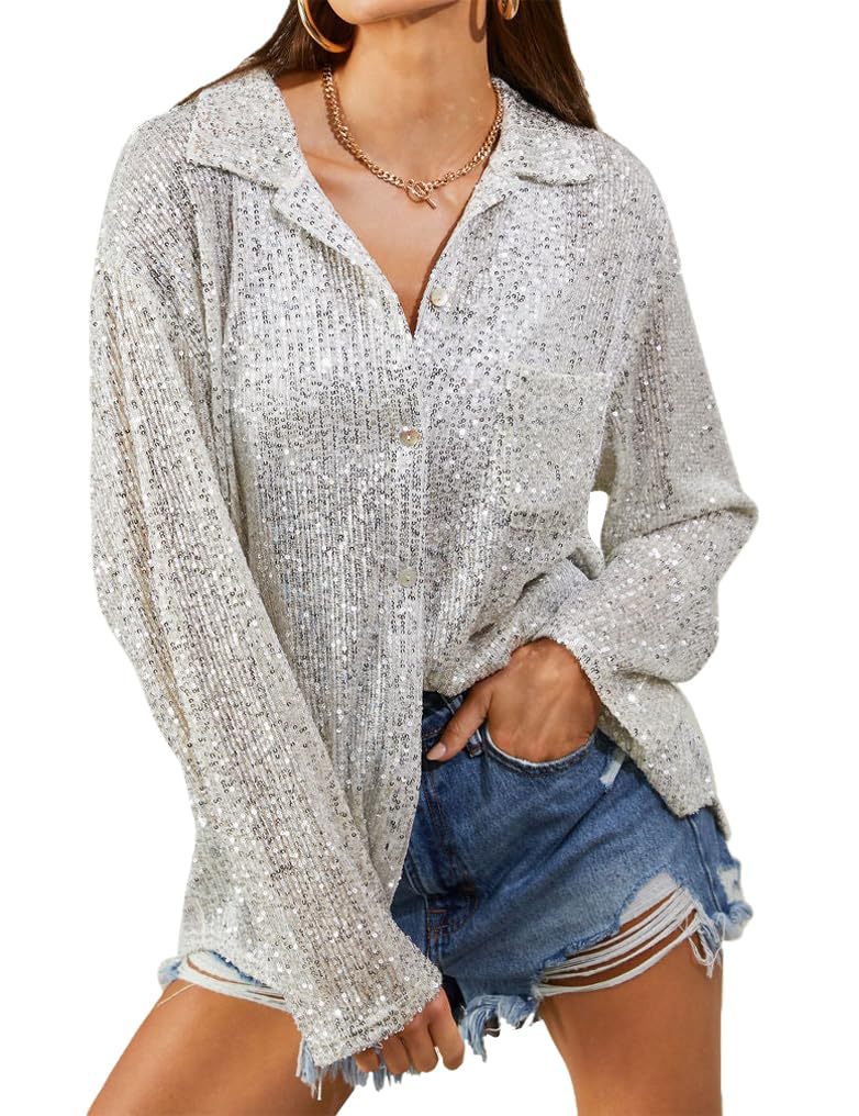 Damen Glitzernde Oversize-Bluse mit lässigem Schnitt Amawinc