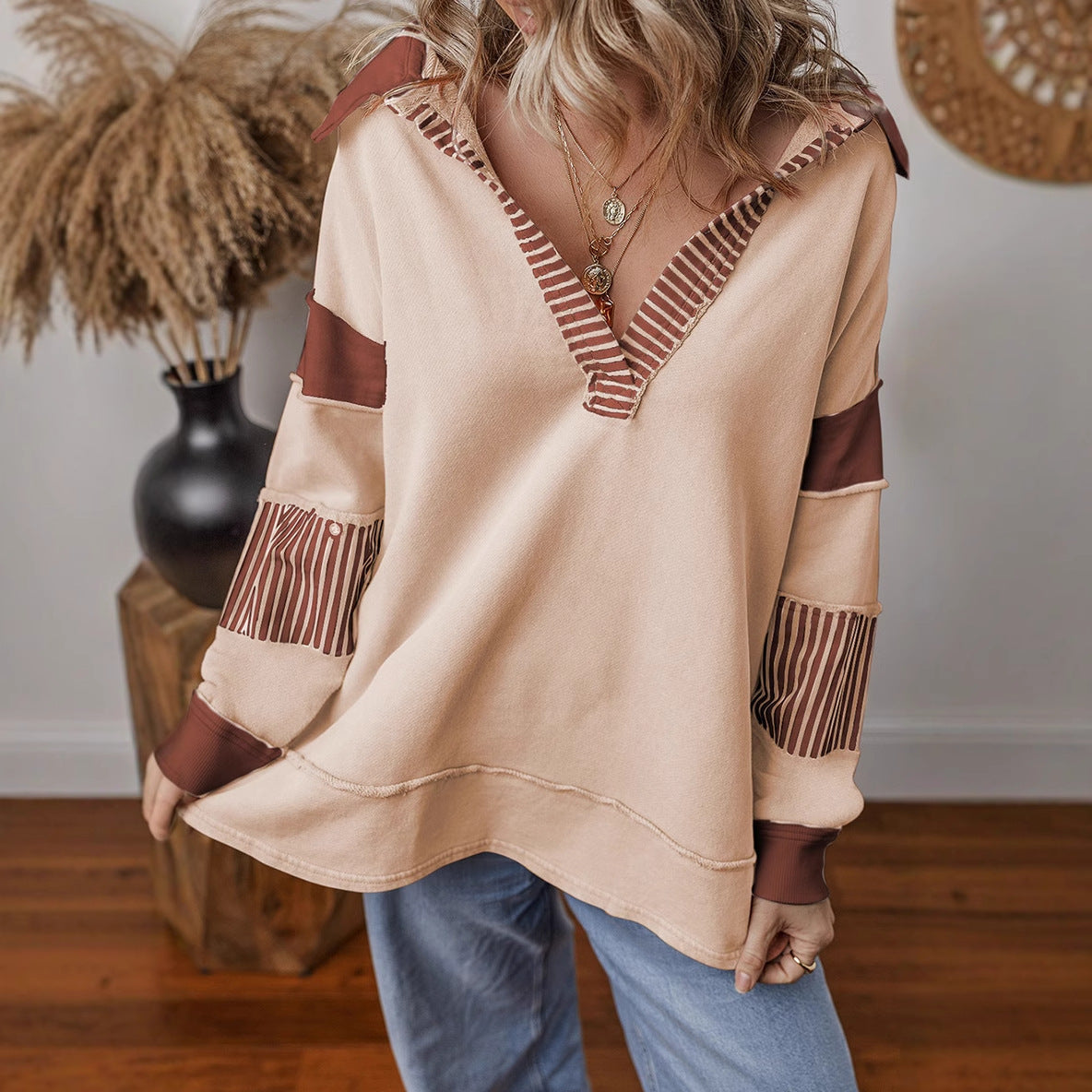 Damen lässiger Pullover mit Hemdkragen und gestreiften Ärmeln Amawinc