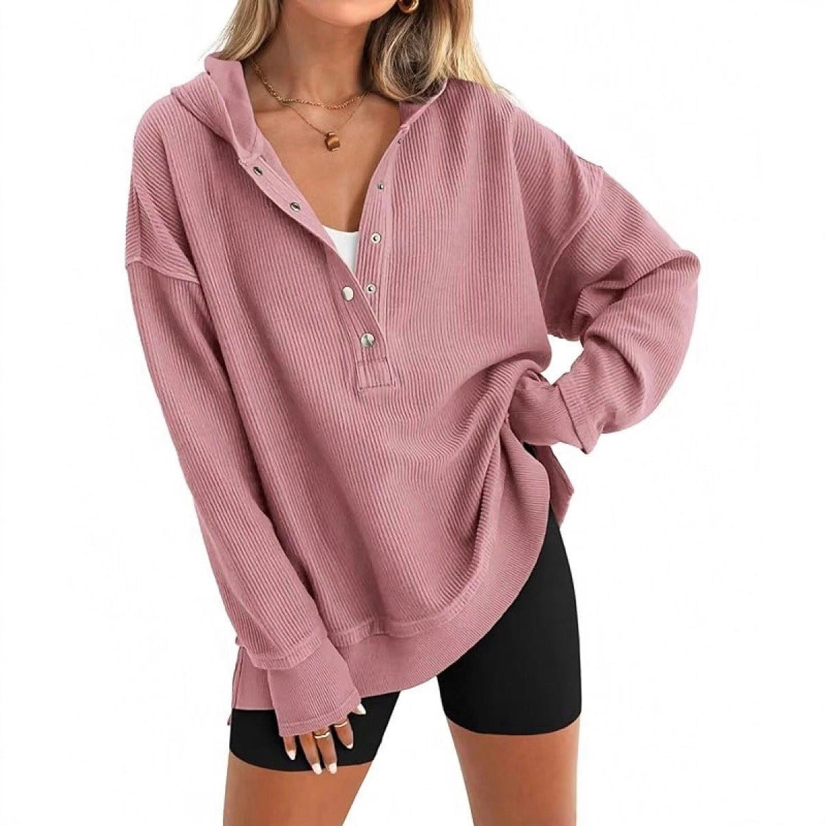 Damen Lässiger Kapuzenpullover mit Knopfdetails und überschnittenen Schultern Amawinc