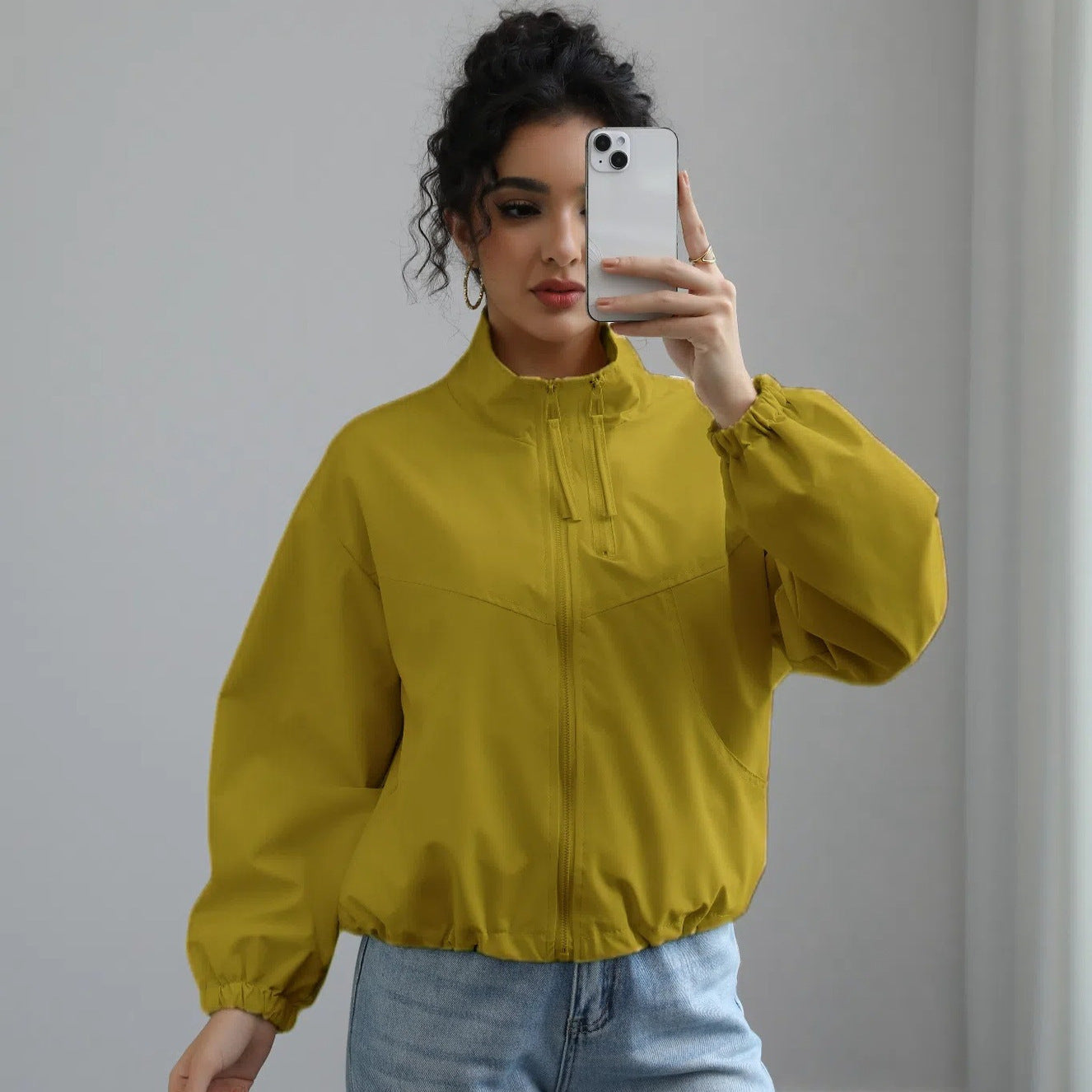 Damen modische Übergangsjacke mit hohem Kragen und elastischem Bund Amawinc