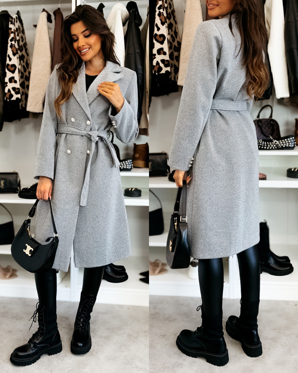 Damen Eleganter Trenchcoat mit taillierbarem Gürtel und Doppelreiher Amawinc
