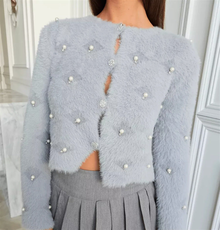 Damen Flauschige Strickjacke mit Schmuckknöpfen und elegantem Schnitt Amawinc