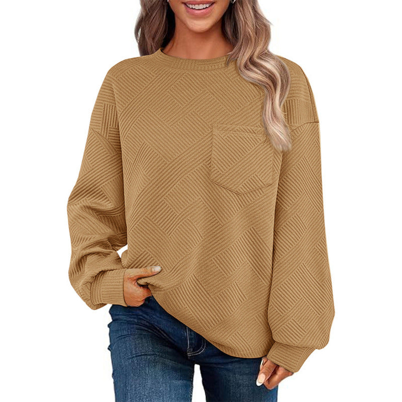 Damen lässiger Pullover mit strukturiertem Muster und praktischer Brusttasche Amawinc