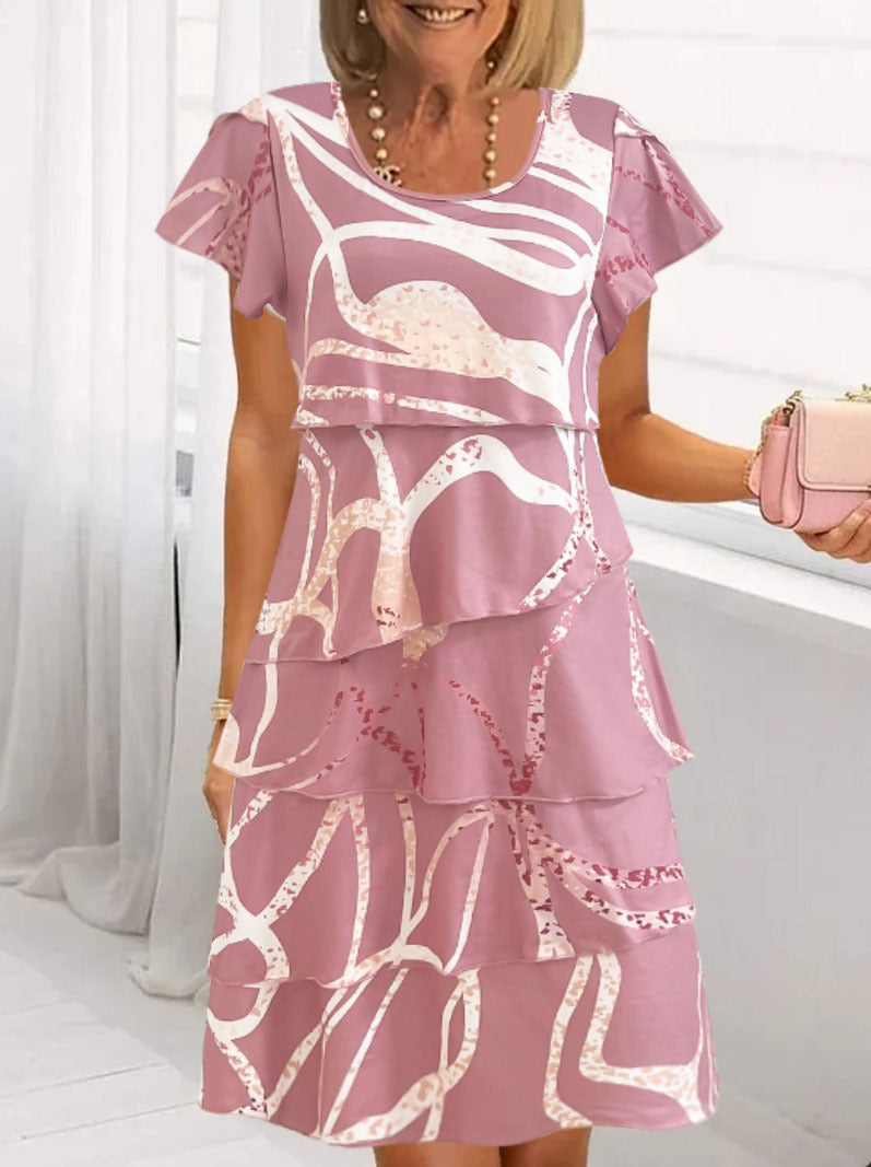 Robe Midi Femme Décontractée Imprimé Floral à Volants en Étages et Manches Évasées