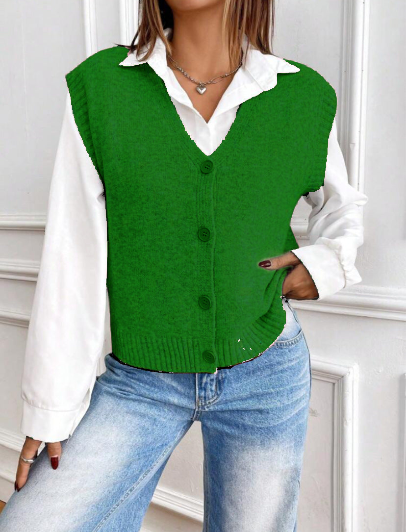 Damen Strickweste mit V-Ausschnitt und modischen Knöpfen Amawinc