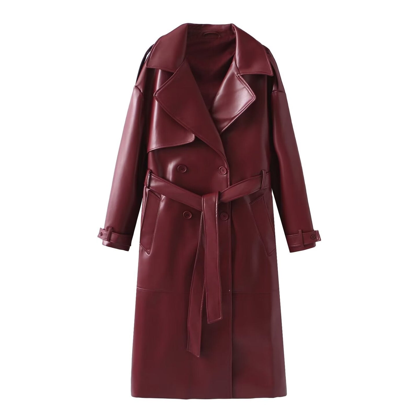Damen Kunstleder-Trenchcoat mit elegantem Schnitt und taillierbarem Gürtel Amawinc
