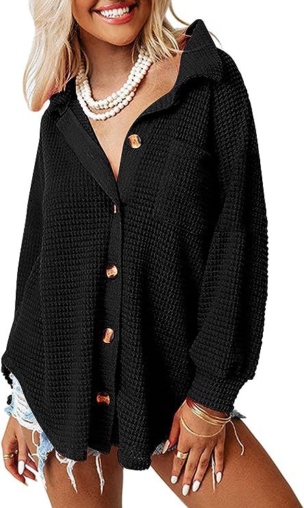 Damen lässige Waffle-Hemdenjacke mit Knopfverschluss Amawinc