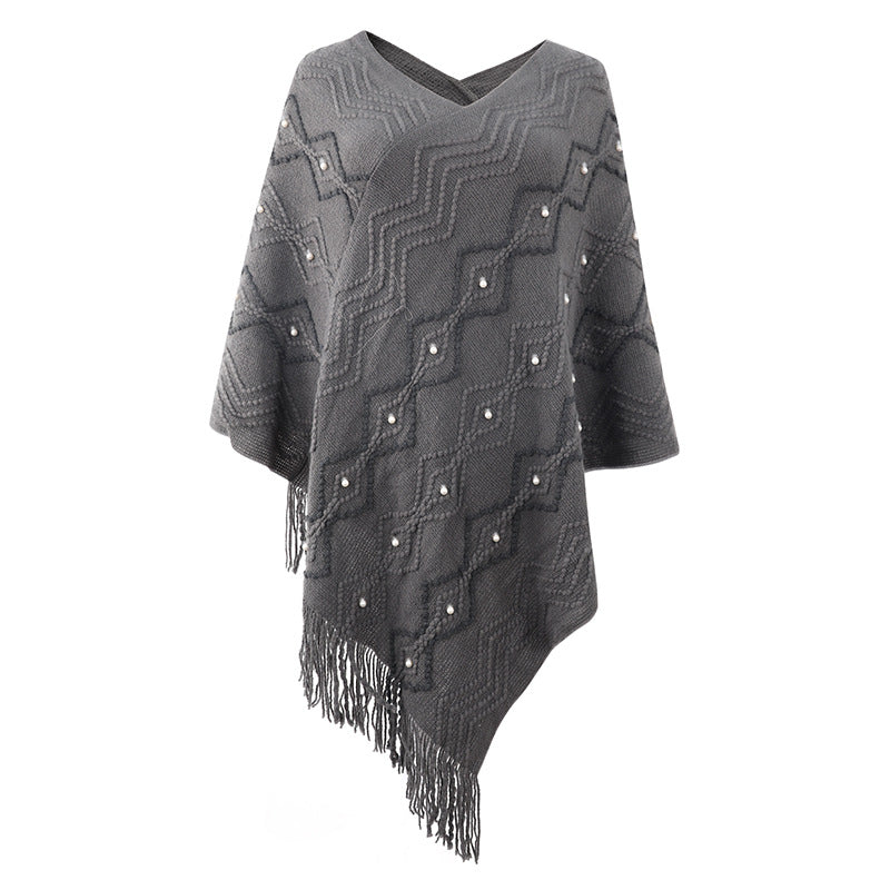 Damen eleganter Poncho mit auffälligem Strukturmuster und dekorativen Fransen Amawinc